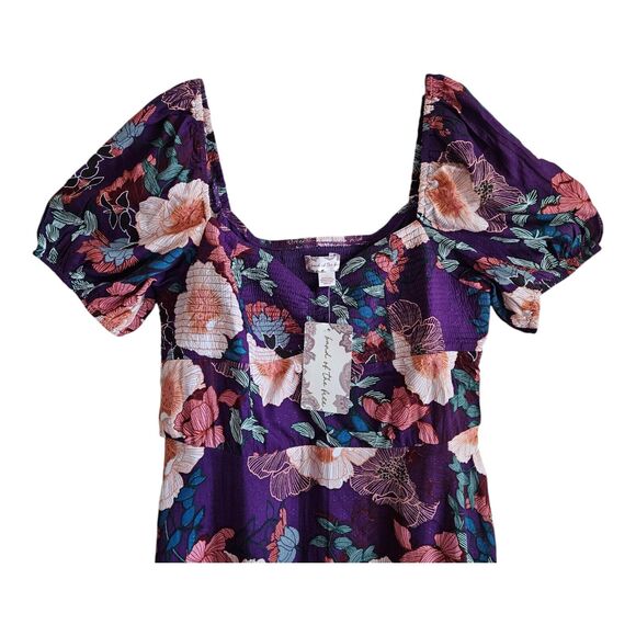 NWT Band of the Free Aimee Purple Floral Puff Sleeve Mini Dress - Picture 2 of 10